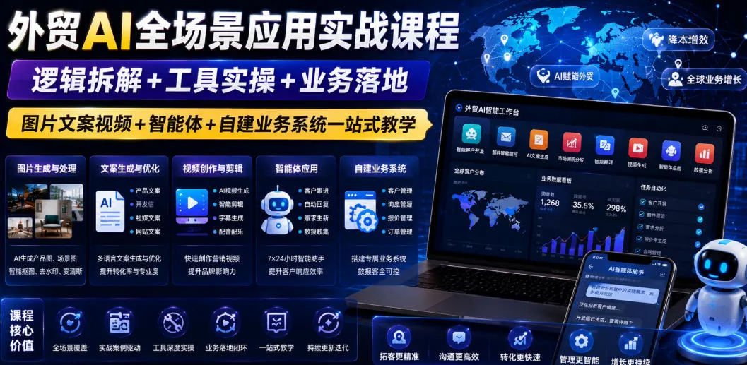 外贸AI全场景应用实战课程｜逻辑拆解+工具实操+业务落地，图片文案视频+智能体+自建业务系统一站式教学-梦帆创业网