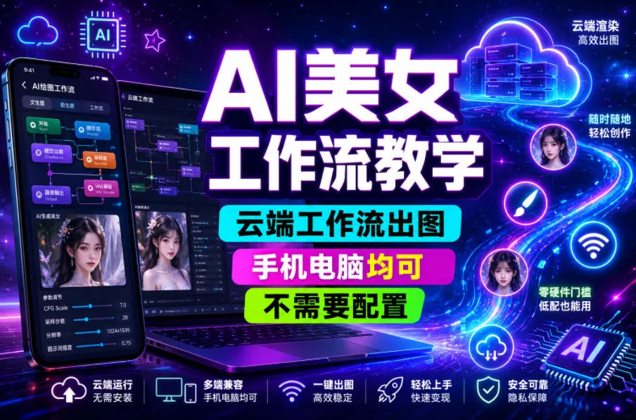 AI美女工作流教学，云端工作流出图，手机电脑均可，不需要配置，快速起号涨粉-梦帆创业网