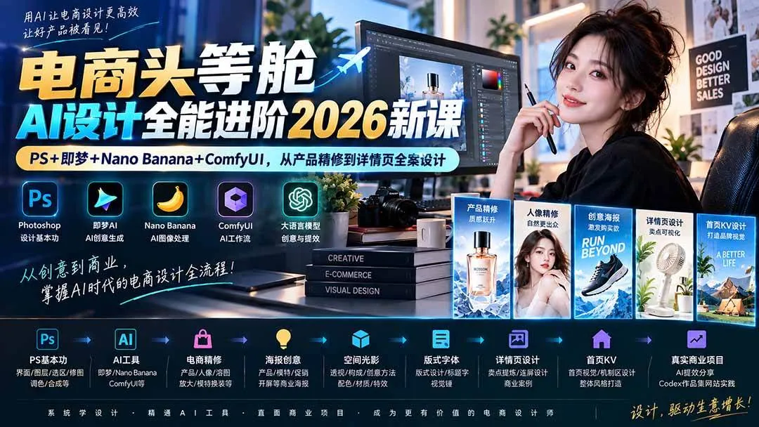 （20284期）电商头等舱AI设计全能进阶2026新课：PS+即梦+Nano Banana+ComfyUI，从产品精修到详情页全案设计-梦帆创业网