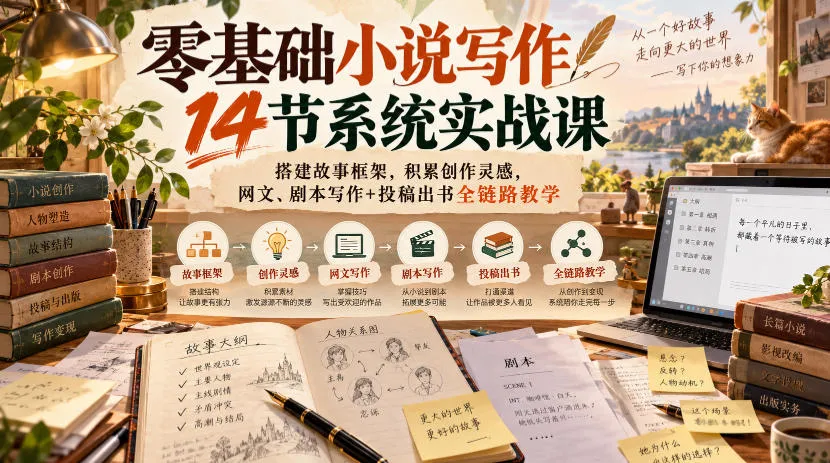 零基础小说写作14节系统实战课，搭建故事框架，积累创作灵感，网文、剧本写作+投稿出书全链路教学-梦帆创业网