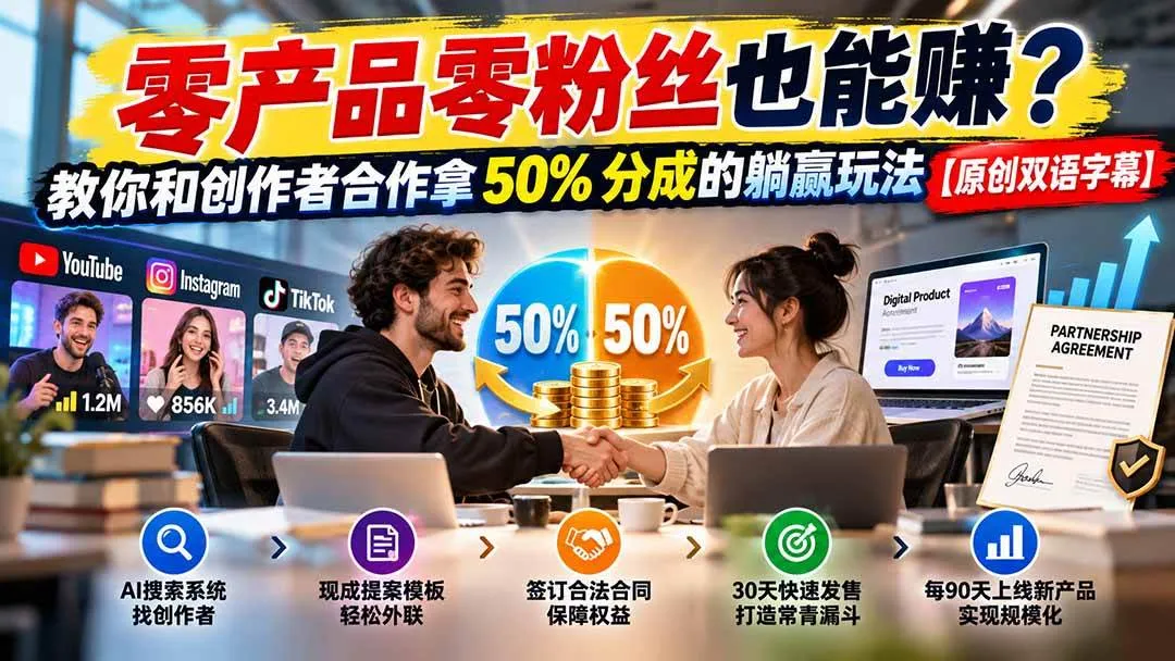 （20957期）零产品零粉丝也能赚？教你和创作者合作拿 50% 分成的躺赢玩法【原创双语字幕】-梦帆创业网