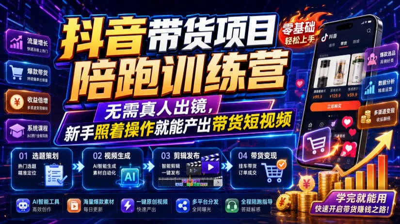 抖音带货项目陪跑训练营，无需真人出镜，新手照着操作就能产出带货短视频-梦帆创业网