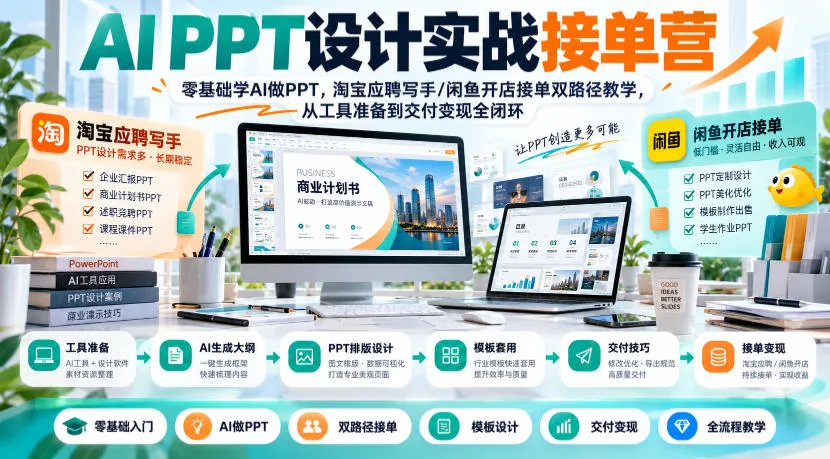 AI PPT设计实战接单营｜零基础学AI做PPT，淘宝应聘写手/闲鱼开店接单双路径教学，从工具准备到交付变现全闭环-梦帆创业网