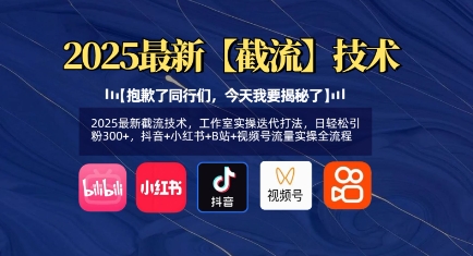 2025最新截流技术，工作室实操迭代打法，日轻松引粉300+，抖音+小红书+B站+视频号流量实操全流程-梦帆创业网