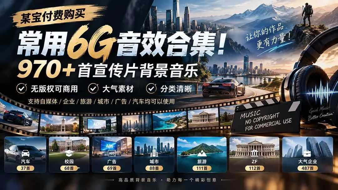（20603期）某宝付费购买，常用6G音效合集！970+首宣传片背景音乐，无版权可商用大气素材，分类清晰-梦帆创业网