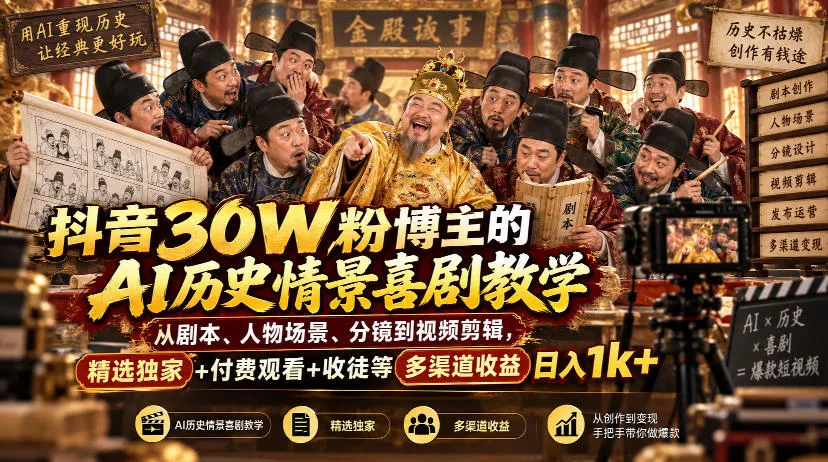 抖音30W粉博主的AI历史情景喜剧教学，从剧本、人物场景、分镜到视频剪辑，精选独家+付费观看+收徒等多渠道收益日入1k+-梦帆创业网
