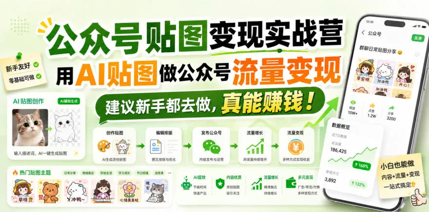 公众号贴图变现实战营，用AI贴图做公众号流量变现，建议新手都去做，真能賺钱！-梦帆创业网