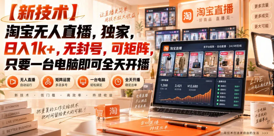 【独家新技术】淘宝无人直播，日入1k+，无封号，可矩阵，只要一台电脑即可全天开播【揭秘】-梦帆创业网