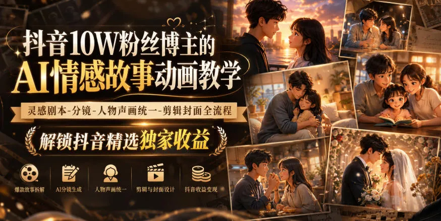 抖音10W粉丝博主的AI情感故事动画教学，灵感剧本‑分镜‑人物声画统一‑剪辑封面全流程，解锁抖音精选独家收益-梦帆创业网