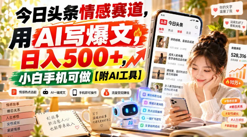 今日头条情感赛道,用AI写爆文,日入500+,小白手机可做【附AI工具】 今日头条情感赛道,用AI写爆文,日入500+,小白手机可做【附AI工具】
