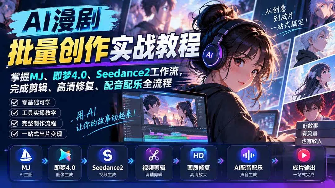 （20488期）AI漫剧批量创作实战教程：掌握MJ、即梦4.0、Seedance2工作流，完成剪辑、高清修复、配音配乐全流程-梦帆创业网