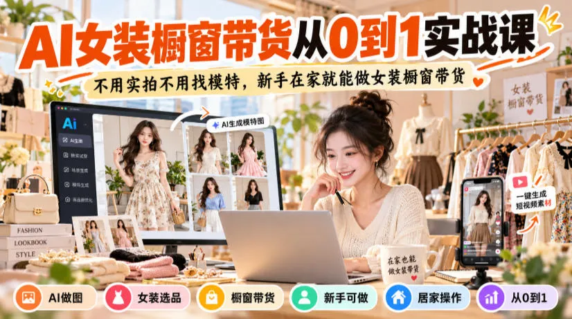 AI女装橱窗带货从0到1实战课，不用实拍不用找模特，新手在家就能做女装橱窗带货-梦帆创业网