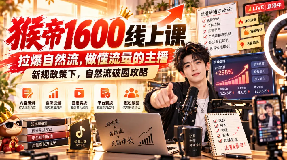 猴帝1600线上课，拉爆自然流，做懂流量的主播，新规政策下，自然流破圈攻略【更新260926】-梦帆创业网