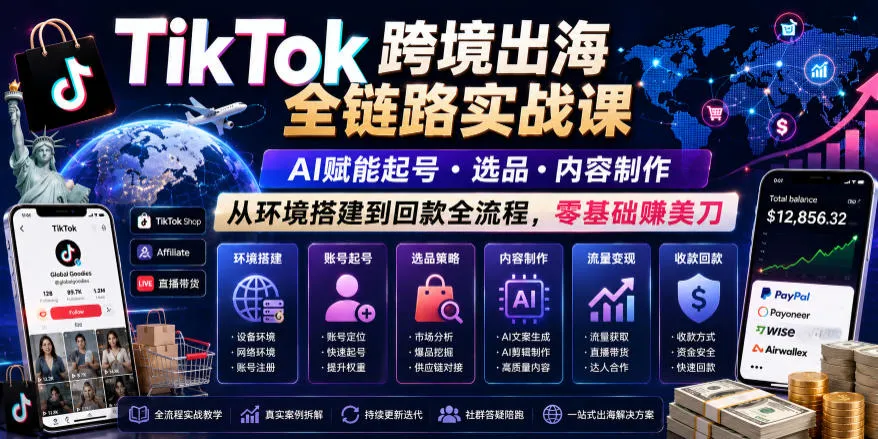 TikTok跨境出海全链路实战课，AI赋能起号・选品・内容制作，从环境搭建到回款全流程，零基础賺美刀-梦帆创业网