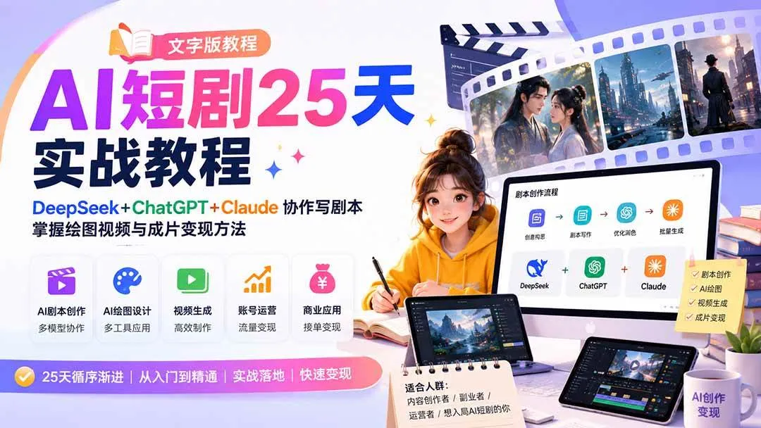 （20225期）AI短剧25天实战教程（文字版教程）：DeepSeek+ChatGPT+Claude协作写剧本，掌握绘图视频与成片变现方法-梦帆创业网