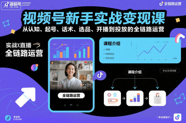 视频号新手实战变现课，从认知、起号、话术、选品、开播到投放的全链路运营-梦帆创业网