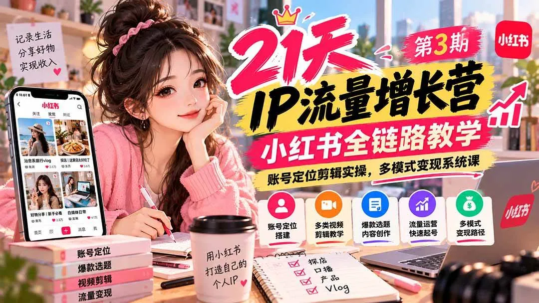 （20992期）【无水印】21天IP流量增长营-第3期，小红书全链路教学，账号定位剪辑实操，多模式变现系统课-梦帆创业网