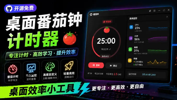 仅1.16MB，开源极简的桌面时钟、番茄钟计时器，还支持系统监控显示，桌面效率小工具Catime-梦帆创业网