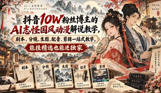 抖音10W粉丝博主的AI志怪国风动漫解说教学，剧本、分镜、生图、配音、剪辑一站式教学，能挂精选也能进独家-梦帆创业网