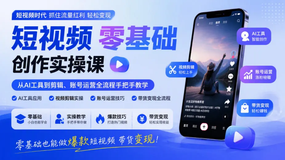 短视频零基础创作实操课，从AI工具到剪辑、账号运营全流程手把手教学，零基础也能做爆款短视频带货变现-梦帆创业网