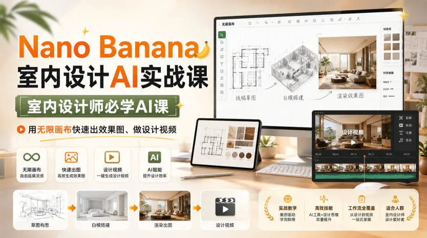 Nano Banana室内设计AI实战课，室内设计师必学AI课，用无限画布快速出效果图、做设计视频-梦帆创业网