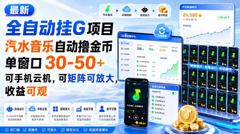 最新全自动挂G项目，汽水音乐自动撸金币单窗口30-50+，可手机云机，可矩阵可放大，收益可观-梦帆创业网