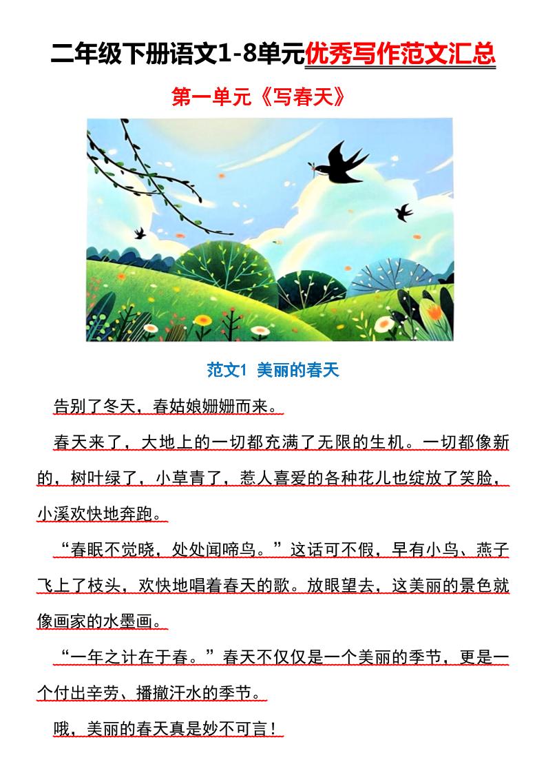 【作文】二年级下册语文1-8单元优秀写作范文汇总-梦帆创业网