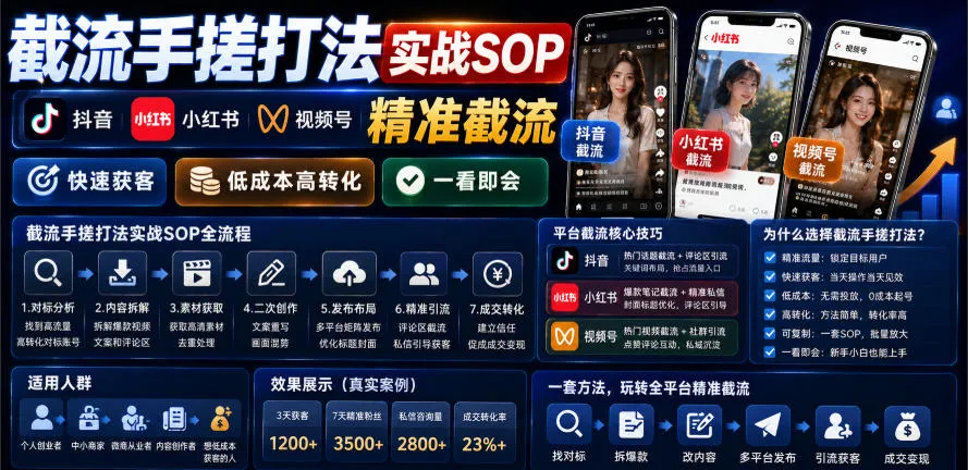 截流手搓打法实战SOP，抖音小红书视频号精准截流，快速获客，低成本高转化，一看即会-梦帆创业网