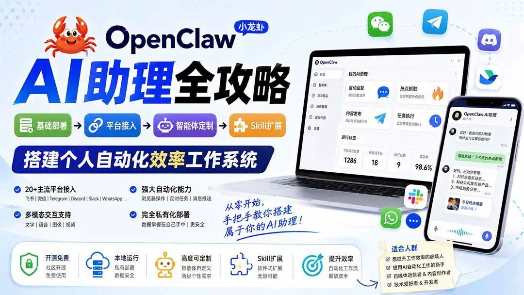 （19889期）OpenClaw小龙虾 AI助理全攻略：基础部署→平台接入→智能体定制→Skill扩展，搭建个人自动化效率工作系统-梦帆创业网