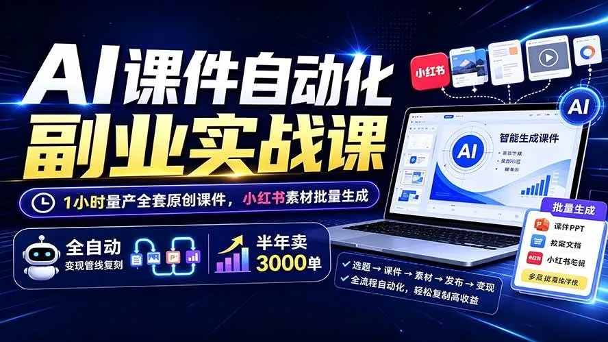 （19518期）AI课件自动化副业实战课：1小时量产全套原创课件×小红书素材批量生成×全自动变现管线×半年卖3000单-梦帆创业网