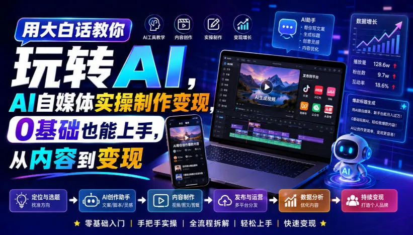 用大白话教你玩转AI，AI自媒体实操制作变现，0基础也能上手，从内容到变现-梦帆创业网