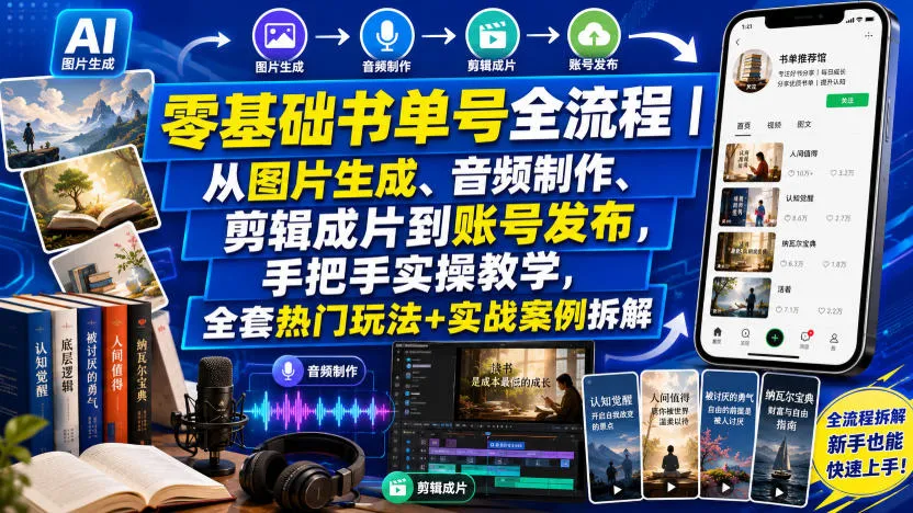 零基础书单号全流程｜从图片生成、音频制作、剪辑成片到账号发布，手把手实操教学，全套热门玩法+实战案例拆解-梦帆创业网