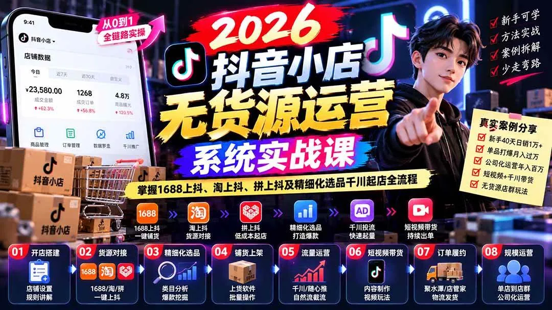 （20659期）2026抖音小店无货源运营系统实战课：掌握1688上抖、淘上抖、拼上抖及精细化选品千川起店全流程-梦帆创业网