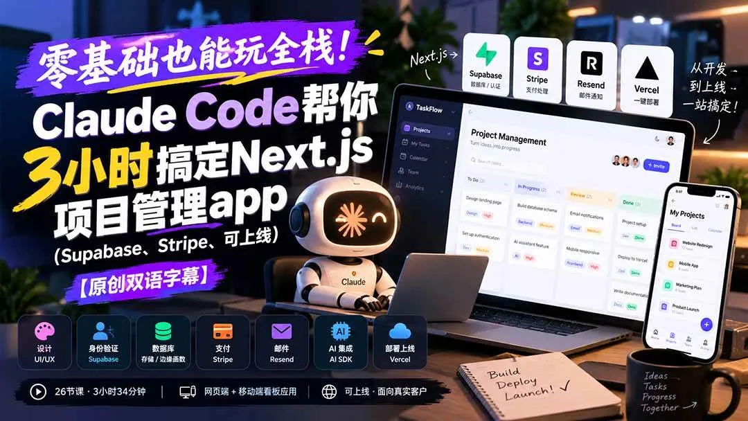 (20907期)零基础也能玩全栈!Claude Code帮你3小时搞定Next.js项目管理app(Supabase、Stripe、可上线)【原创双语字幕】 (20907期)零基础也能玩全栈!Claude Code帮你3小时搞定Next.js项目管理app(Supabase、Stripe、可上线)【原创双语字幕】