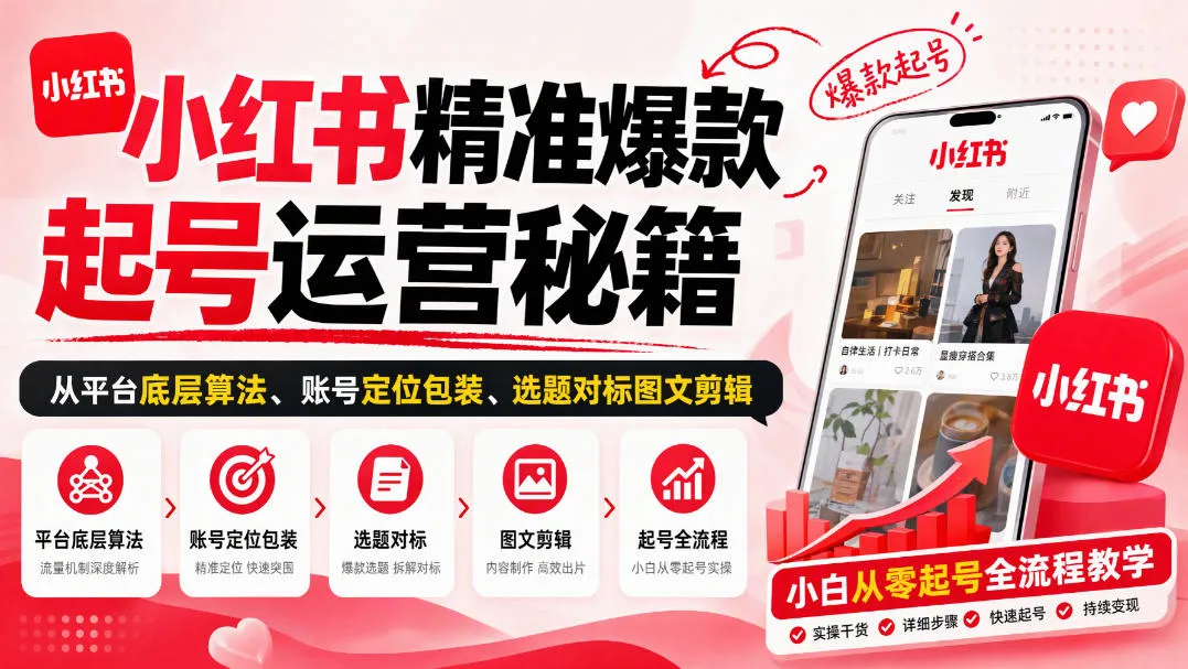 小红书精准爆款起号运营秘籍，从平台底层算法、账号定位包装、选题对标图文剪辑，小白从零起号全流程-梦帆创业网