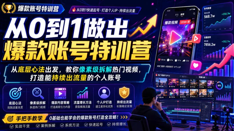从0到1做出爆款账号特训营，从底层心法出发，教你像素级拆解热门视频，打造能持续出流量的个人账号-梦帆创业网