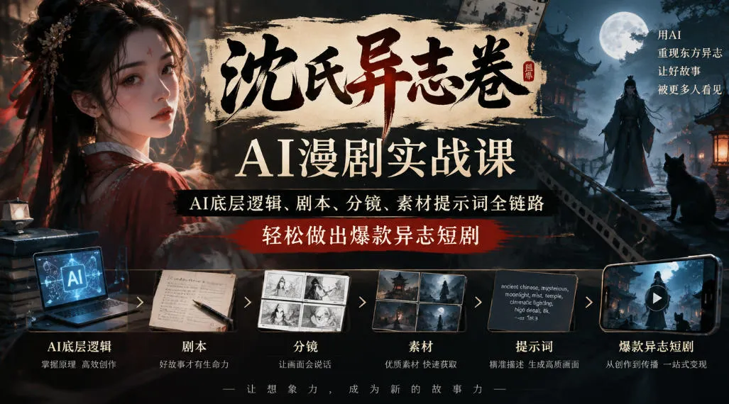 沈氏异志卷AI漫剧实战课｜AI底层逻辑、剧本、分镜、素材提示词全链路，轻松做出爆款异志短剧-梦帆创业网