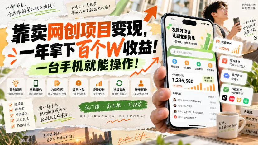 靠卖网创项目变现,一年拿下百个W收益!一台手机就能操作!【揭秘】 靠卖网创项目变现,一年拿下百个W收益!一台手机就能操作!【揭秘】