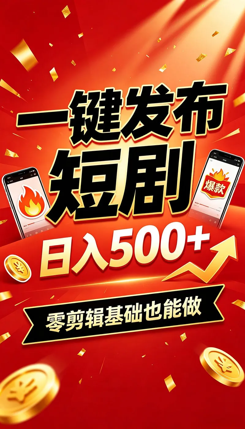 快手短剧一键发布，不用剪辑操作简单，副业日入500+。空闲时间轻松赚收益-梦帆创业网