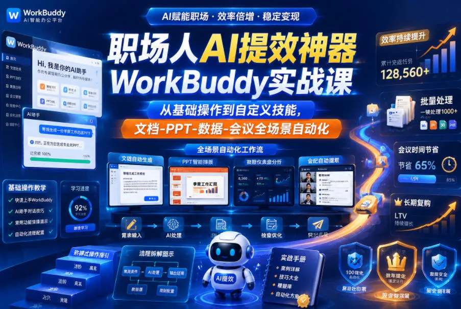 职场人AI提效神器WorkBuddy实战课，从基础操作到自定义技能，文档-PPT-数据-会议全场景自动化-梦帆创业网