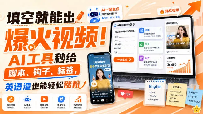 填空就能出爆火视频！AI工具秒给脚本、钩子、标签，英语渣也能轻松涨粉【原创双语字幕】-梦帆创业网