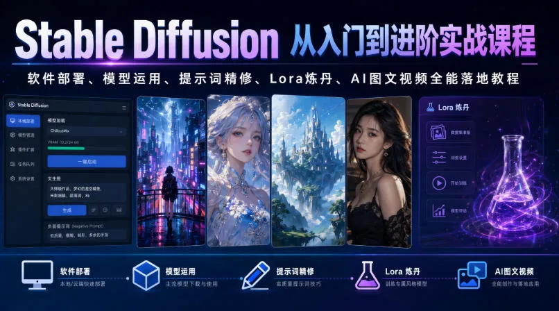 Stable Diffusion从入门到进阶实战课程｜软件部署、模型运用、提示词精修、Lora炼丹、AI图文视频全能落地教程-梦帆创业网