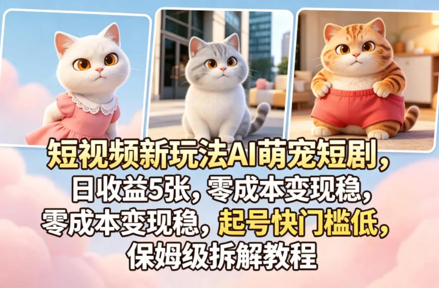 短视频新玩法AI萌宠短剧，日收益5张，零成本变现稳，起号快门槛低，保姆级拆解教程-梦帆创业网
