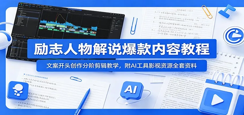 励志人物解说爆款内容教程：文案开头创作分阶剪辑教学，附AI 工具影视资源全套资料-梦帆创业网