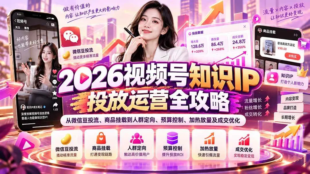 （20860期）2026视频号知识IP投放运营全攻略：从微信豆投流、商品挂载到人群定向、预算控制、加热放量及成交优化-梦帆创业网