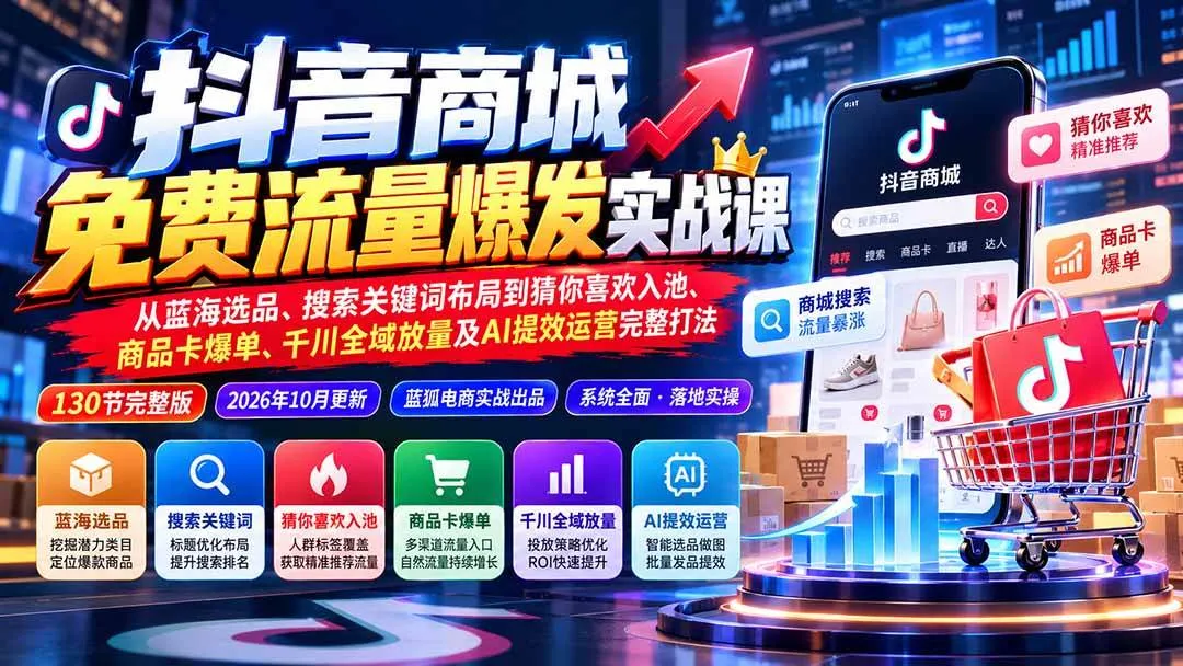 （20959期）抖音商城免费流量爆发实战：从蓝海选品、搜索关键词布局到猜你喜欢入池、商品卡爆单、千川全域放量及AI提效完整打法-梦帆创业网