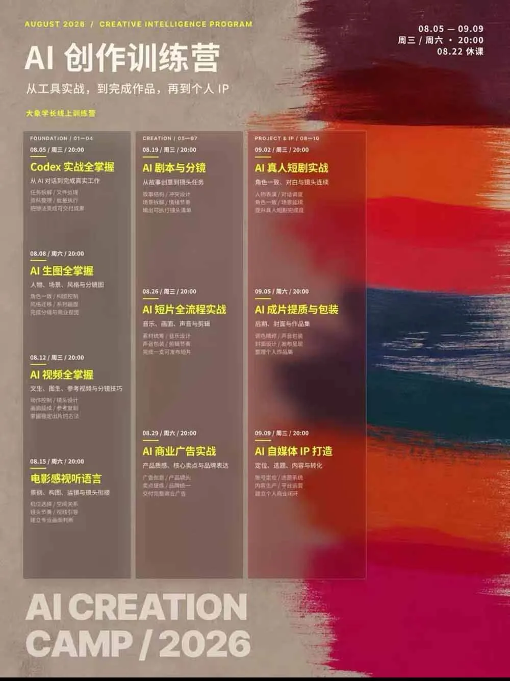 (20145期)AI+创作训练营26年8月第5期:从Codex、AI生图视频到剧本分镜与电影感短片,跑通个人IP商业闭环 (20145期)AI+创作训练营26年8月第5期:从Codex、AI生图视频到剧本分镜与电影感短片,跑通个人IP商业闭环