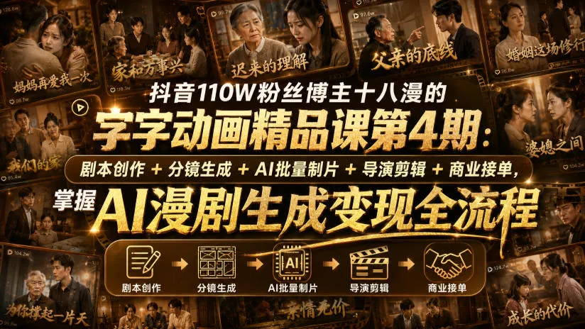 抖音110W粉丝博主十八漫的字字动画精品课第4期：剧本创作+分镜生成+剪辑+商业接单，掌握AI漫剧生成变现全流程-梦帆创业网