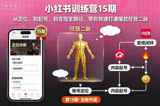 小红书训练营15期，从定位、到起号、到变现全路径，带你快速打通爆款任督二脉-梦帆创业网