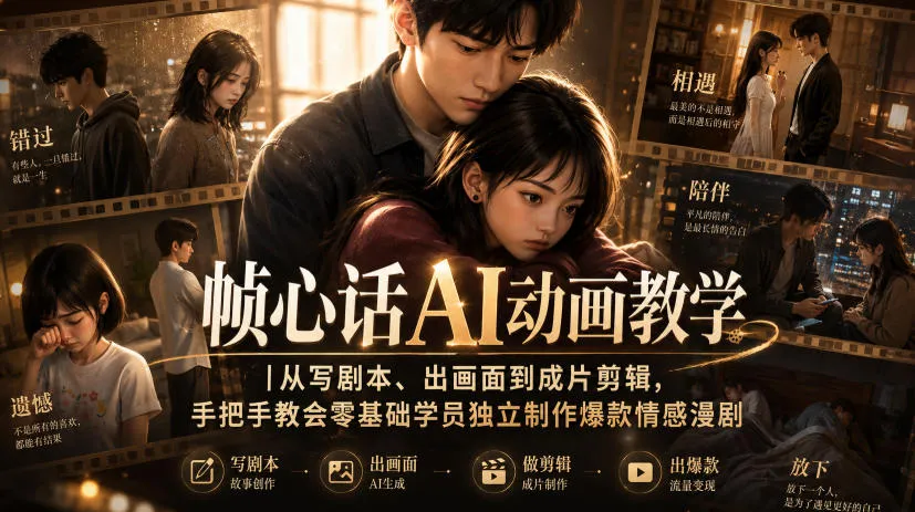 帧心话AI动画教学｜从写剧本、出画面到成片剪辑，手把手教会零基础学员独立制作爆款情感漫剧-梦帆创业网